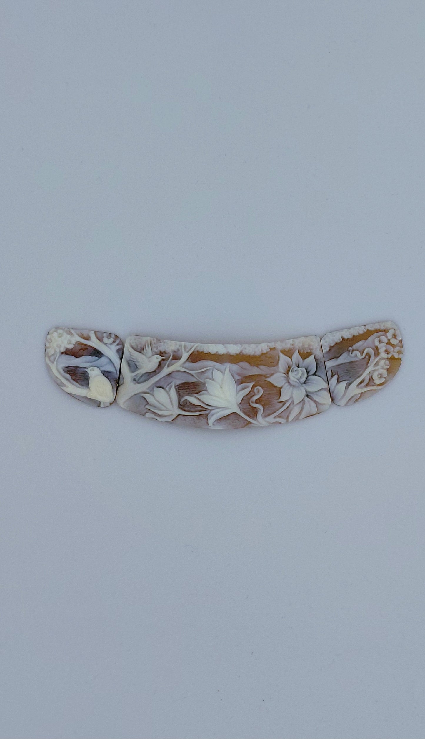 CAMMEO "FIORI E UCCELLI A TREI PEZZI PER COLLIER " CONCHIGLIA SARDONICA