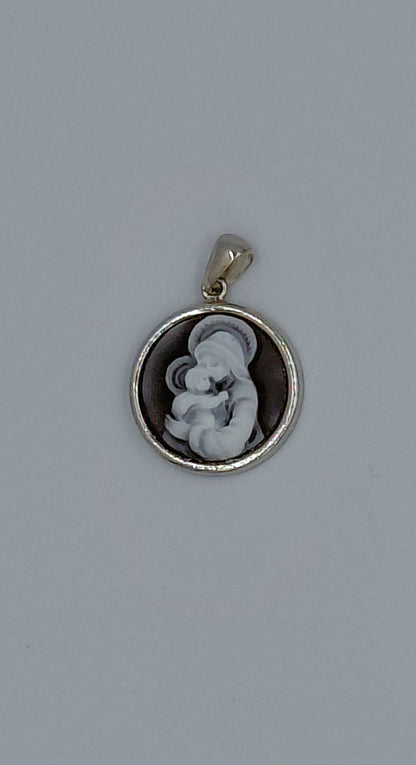 CAMMEO CONCHIGLIA SARDONICA "MADONNA CON BAMBINO " IN ARGENTO 925