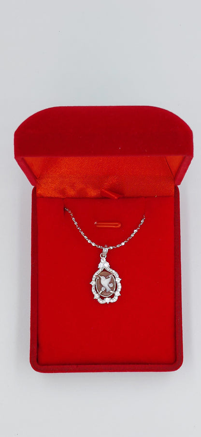 CAMMEO CONCHIGLIA SARDONICA "COLIBRI " IN ARGENTO 925 con zirconi