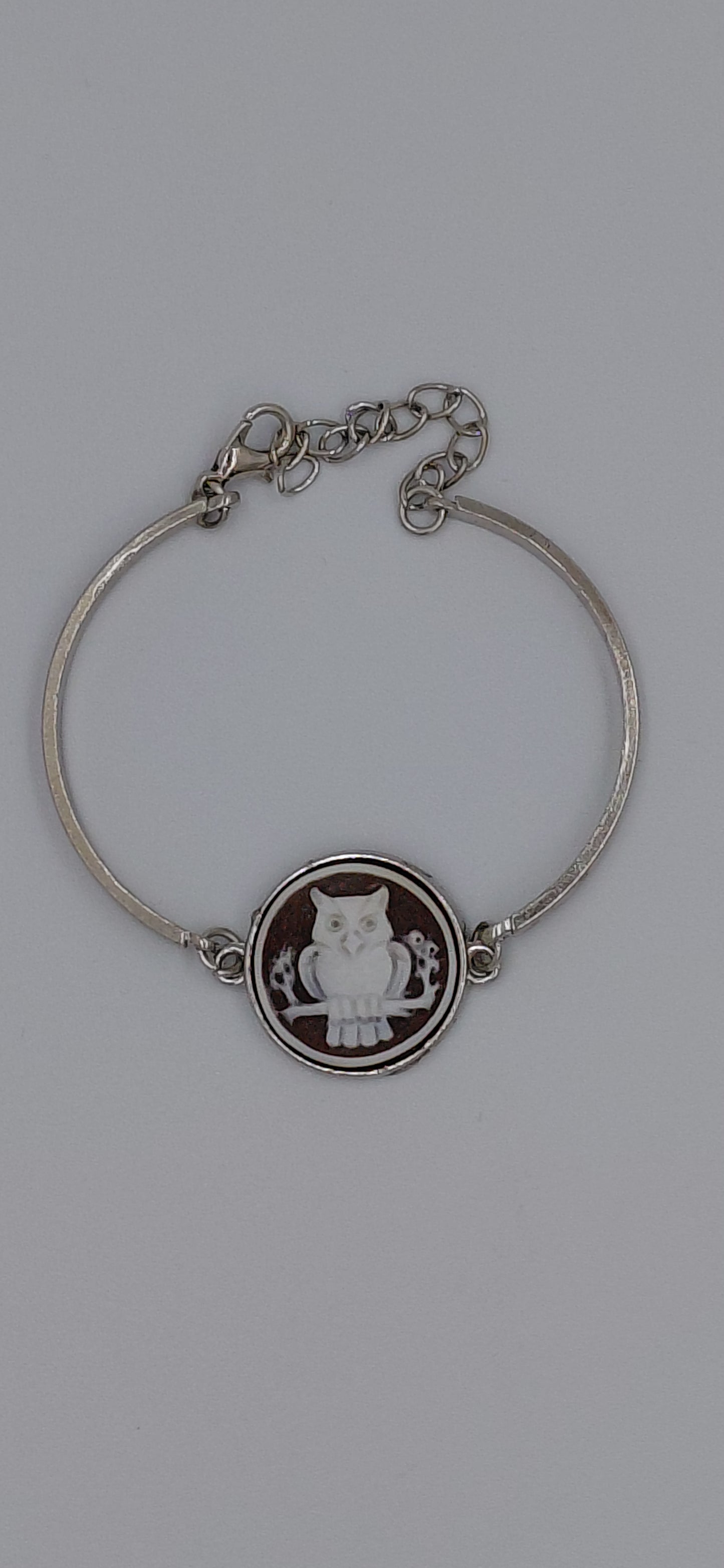 Bracciale metallo con cammeo Guffo 20 mm , circonferenza del bracciale 16 cm + 5cm