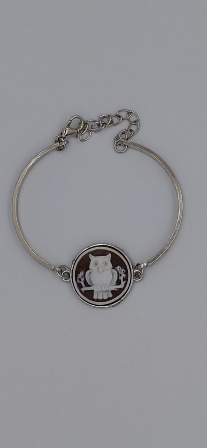 Bracciale metallo con cammeo Guffo 20 mm , circonferenza del bracciale 16 cm + 5cm