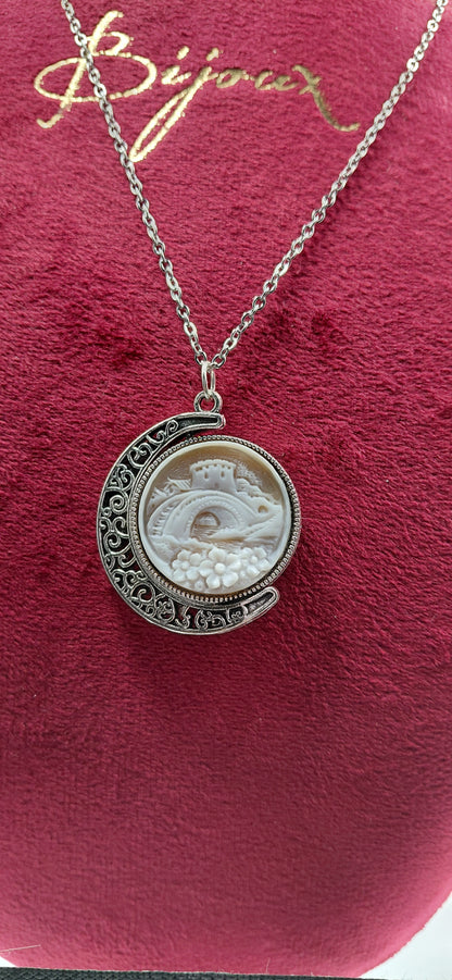 Cammeo Paesaggio conchiglia sardonica incisa a mano incastonata in metallo